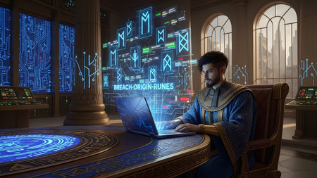 A man in a blue robe sits at a large desk, using a laptop with a holographic projection of runes...