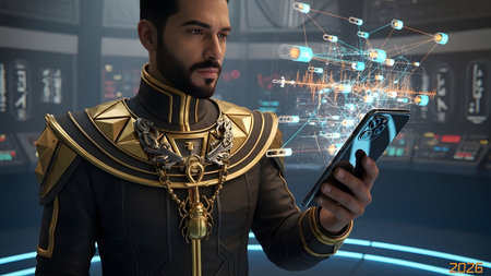 A man with a beard and a gold-adorned outfit holds a smartphone showing a glowing blue...の写真素材