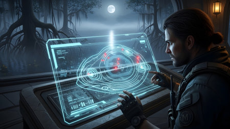 A man in a tactical vest touches a glowing blue futuristic holographic display in a dimly lit room.