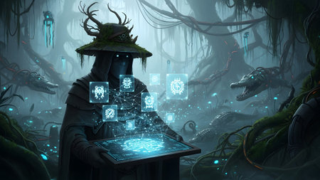 A cloaked figure in a swamp holds a glowing tablet displaying digital symbols surrounded by...