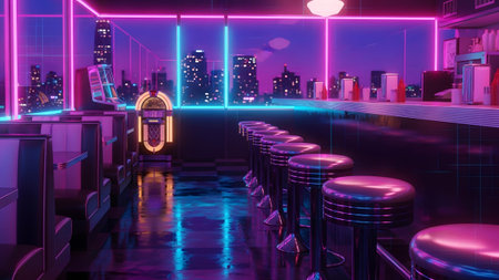 Stock showing empty retro diner with neon lights and cityscape at night reflecting on floor....
