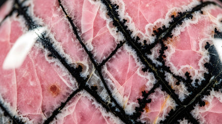 Close-up of pink rhodonite mineral showing delicate black dendritic inclusions within the...