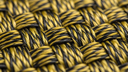 A detailed macro shot showcases the tight weave of a textile with thick black and golden yellow...の写真素材