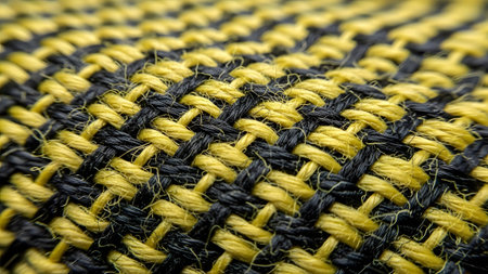 Detailed macro shot showcasing the intricate weave of black and bright yellow threads forming a...