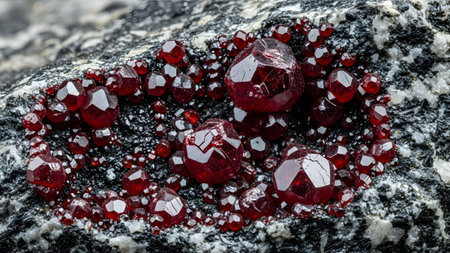 Detailed macro view of sharp faceted red garnet crystals clustered on a dark grey textured rocky...の写真素材