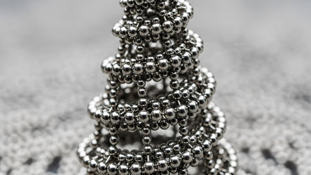 Detailed macro shot of a Christmas tree shape constructed from small metallic silver magnetic balls.