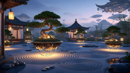 Japanese showing futuristic japanese zen garden with floating bonsai trees and steampunk...の写真素材