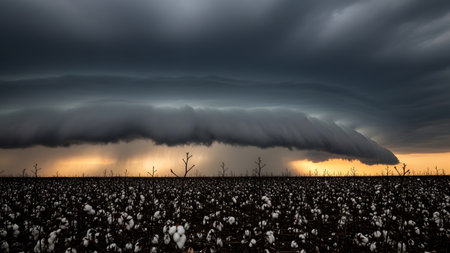A dramatic shelf cloud looms over a dark cotton field at sunset with rain falling from the sky.