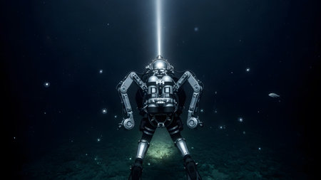 Dark showing futuristic deep sea diver suit with robotic arms and fins in a dark underwater...