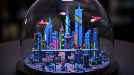 Glass showing futuristic miniature cityscape with flying vehicles inside a glass dome with neon...の写真素材