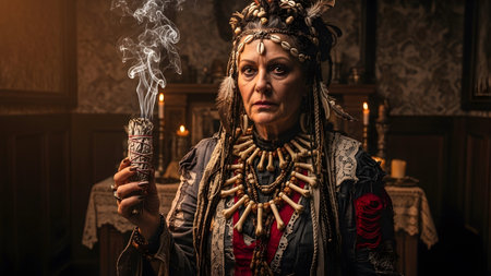 Bundle showing elderly woman in tribal attire holding a smoking bundle of herbs with bone...