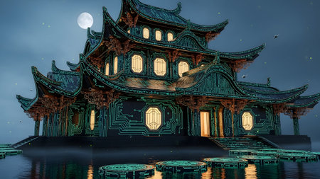 Patterns showing futuristic asian pagoda illuminated at night with glowing circuit patterns and...の写真素材