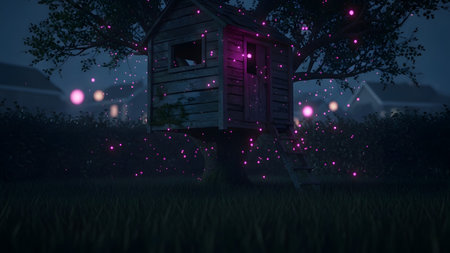 A rustic wooden treehouse sits nestled in a dark tree at night, illuminated by numerous small...の写真素材