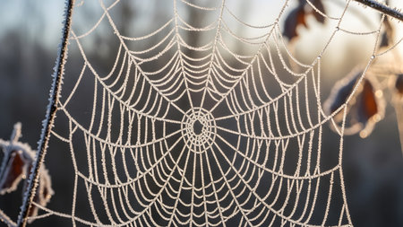 Delicate frost-covered spiderweb illuminated by golden sunrise light with blurred foliage.