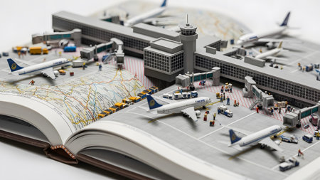 A miniature airport terminal with airplanes and tiny figures is meticulously arranged on an open...