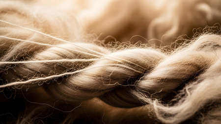 Detailed macro view of a thick, twisted natural fiber rope, emphasizing its texture, fine...