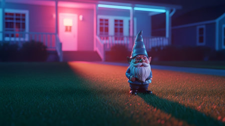 Front showing garden gnome on green grass in front of house with pink and blue lighting.の写真素材