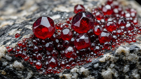 Extreme close-up of small shiny red faceted garnet crystals growing on a speckled grey and black...の写真素材
