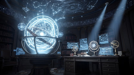 Stock showing futuristic observatory room with glowing astronomical orrery and holographic.