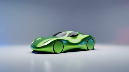 Stock showing futuristic green sports car with smooth aerodynamic on a gradient background.