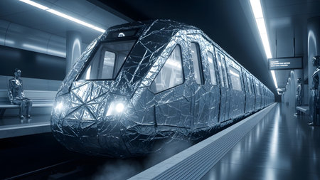 Train showing futuristic subway train with faceted metallic exterior parked at a dimly lit...の写真素材