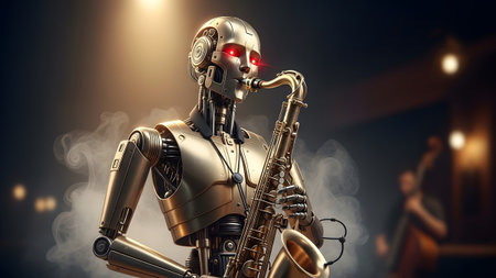 Atmosphere showing futuristic robot musician with red eyes playing saxophone in smoky...の写真素材