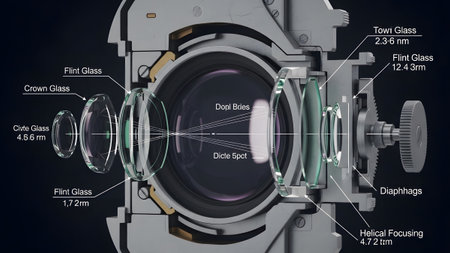 Exploded view of a camera lens, revealing internal optical diaphragms, and focusing mechanisms...