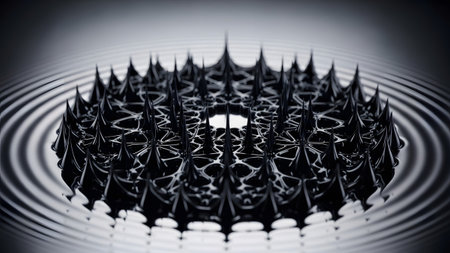Dark showing ferrofluid creating a starburst pattern with concentric ripples on a dark...の写真素材