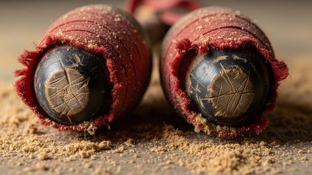 Detail showing extreme close up of the ends of two old wooden nunchaku with red fabric grips and...の写真素材
