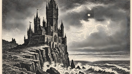 A vintage engraving portrays a gothic castle on a cliff under a cloudy moonlit sky with a stormy...の写真素材