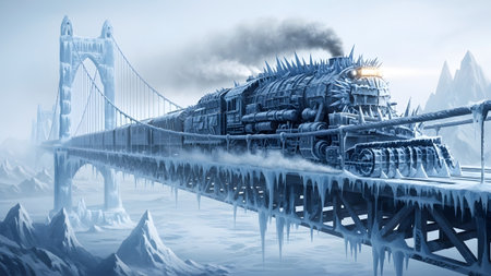 Train showing frozen steam train with icicles crossing a suspended bridge in a winter landscape....
