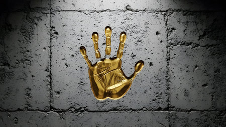 Stock showing golden handprint imprinted on a textured gray concrete wall with dramatic...の写真素材