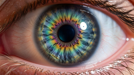 Detailed showing extreme close-up macro of a human iris displaying vibrant rainbow colors and...