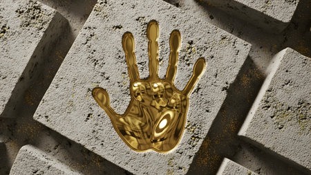 A polished golden hand imprint is set into a surface of rough concrete blocks with scattered...の写真素材