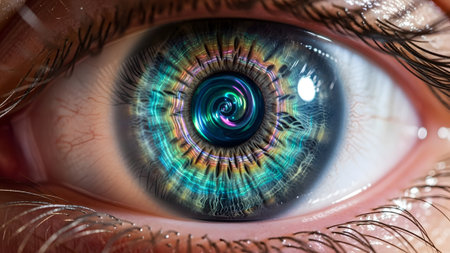 Stock showing extreme close-up of a human eye with a swirling vortex iris in vibrant teal and...の写真素材