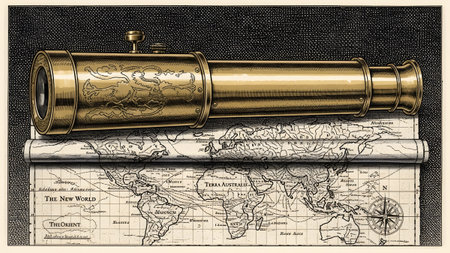 A golden telescope with detailed carvings rests on a rolled antique map displaying text and...の写真素材