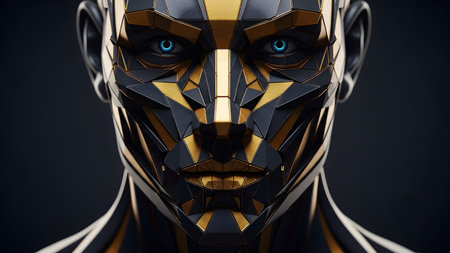 A close-up of a geometric human face with sharp angles, metallic gold and black surfaces, and...の写真素材