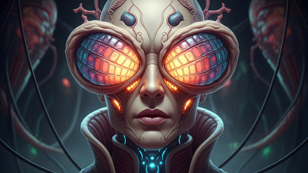 Extreme close-up of a surreal alien face featuring large, glowing compound eyes and intricate...の写真素材
