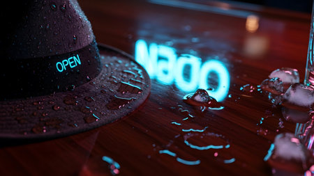 Stock showing fedora hat with water droplets and neon open sign reflection on wet wooden bar...の写真素材