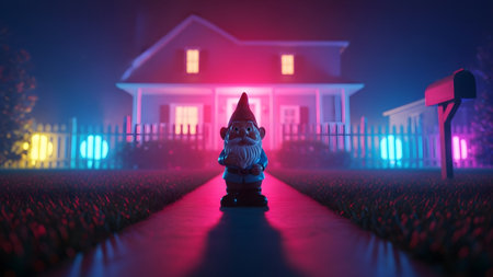 Front showing garden gnome standing on sidewalk in front of house with neon pink and blue...