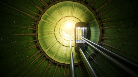 Stock showing futuristic elevator ascending through green organic tunnel with water droplets....の写真素材