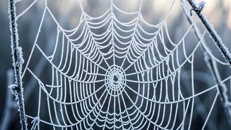 A detailed frost-covered spiderweb with intricate patterns against a cool blue and gray background.の写真素材
