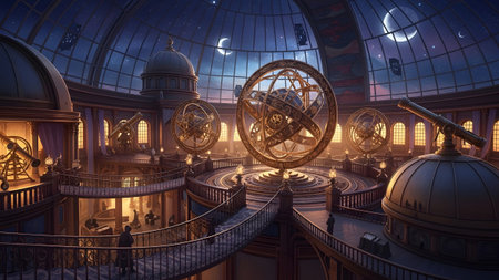 Stock showing grand celestial observatory interior with armillary spheres and telescopes under a...の写真素材