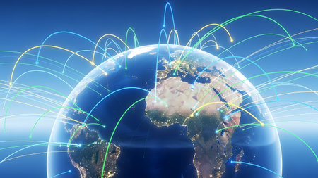 Network showing global network connections illustrated with colorful light trails emanating from...