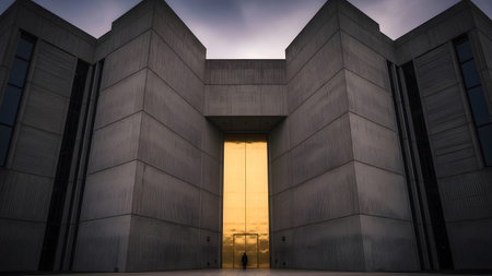 Lone showing imposing brutalist concrete building with a large golden entrance door and a lone...の写真素材