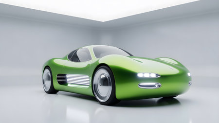Lime showing lime green concept sports car with chrome wheels and led headlights in a white...