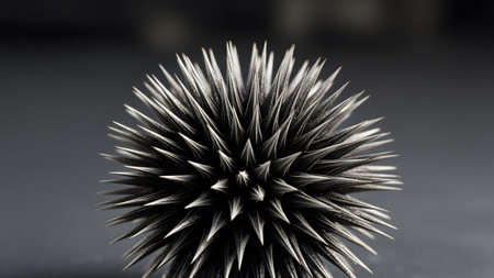 A detailed macro shot of a spiky ferrofluid sculpture with sharp, metallic points against a dark...の写真素材