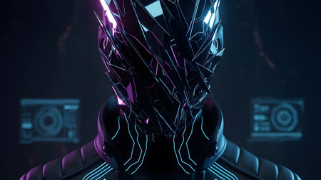 Stock showing futuristic cybernetic android head with sharp geometric shards and glowing neon...