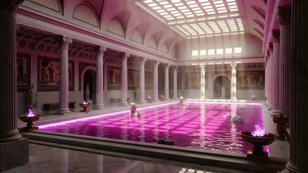 (2288) showing grand roman bathhouse with pink water and statues illuminated by sunlight.