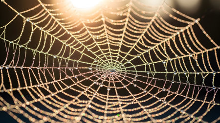 A detailed macro shot of a spiderweb covered in sparkling dew drops, illuminated by warm golden...